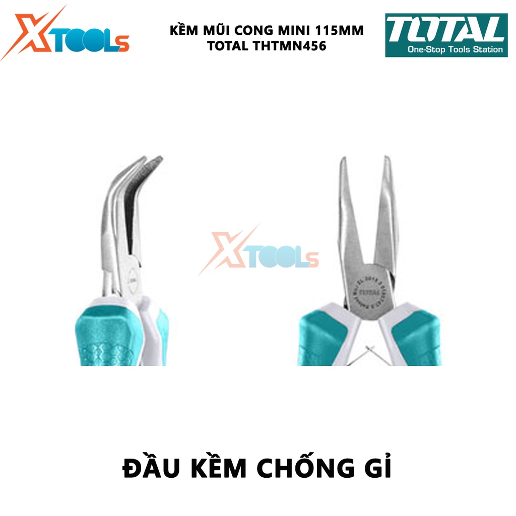 Kềm mũi cong mini TOTAL THTMN456 Kìm mũi cong Kích thước 4,5 &quot;&quot;/ 115mm thép CR-V, tay cầm cách điện,bọc cao su chống trơ