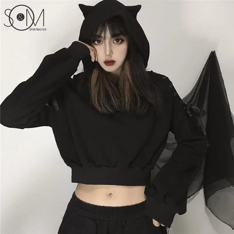 Áo Hoodie Màu Đen Dáng Rộng Phối Tai Mèo Dễ Thương Phong Cách Harajuku Cho Nữ