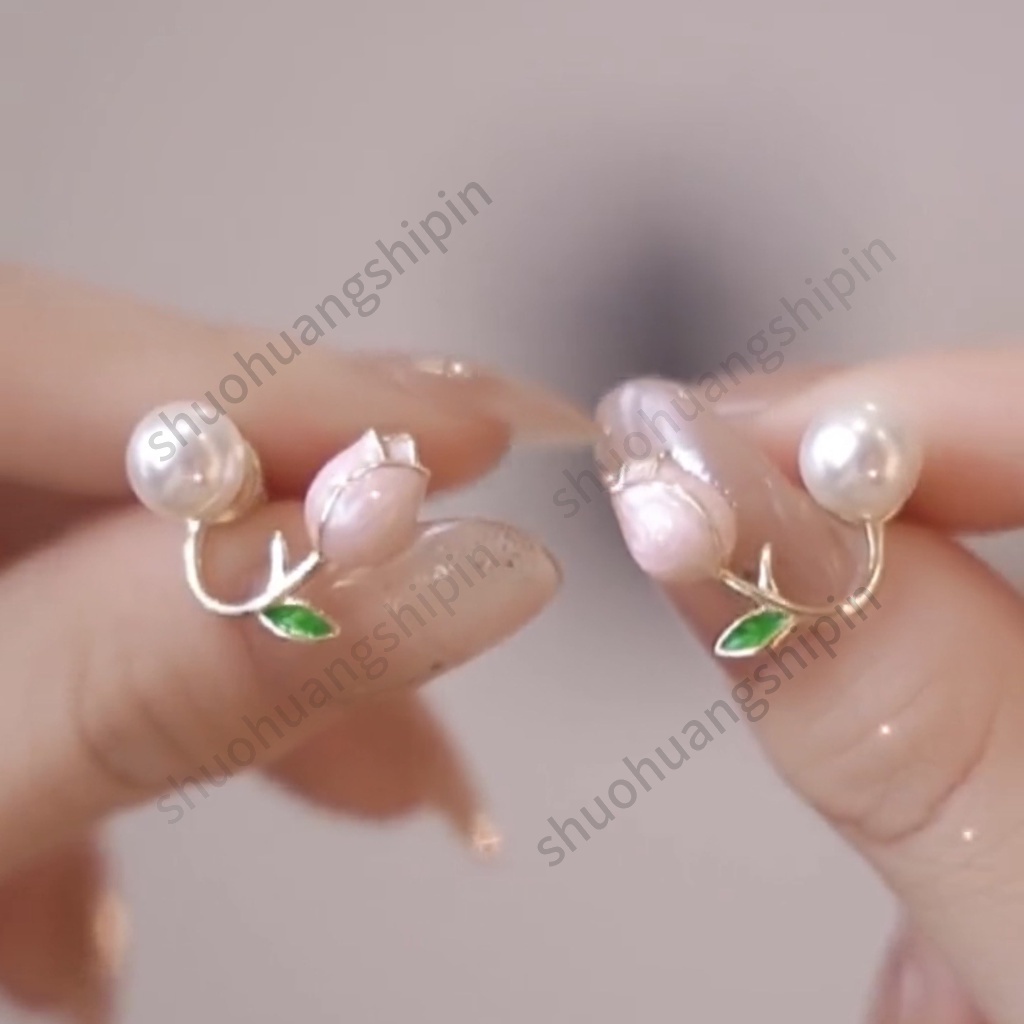 Bông Tai Hình Hoa Tulip Đính Ngọc Trai Giả Xinh Xắn Cho Nữ