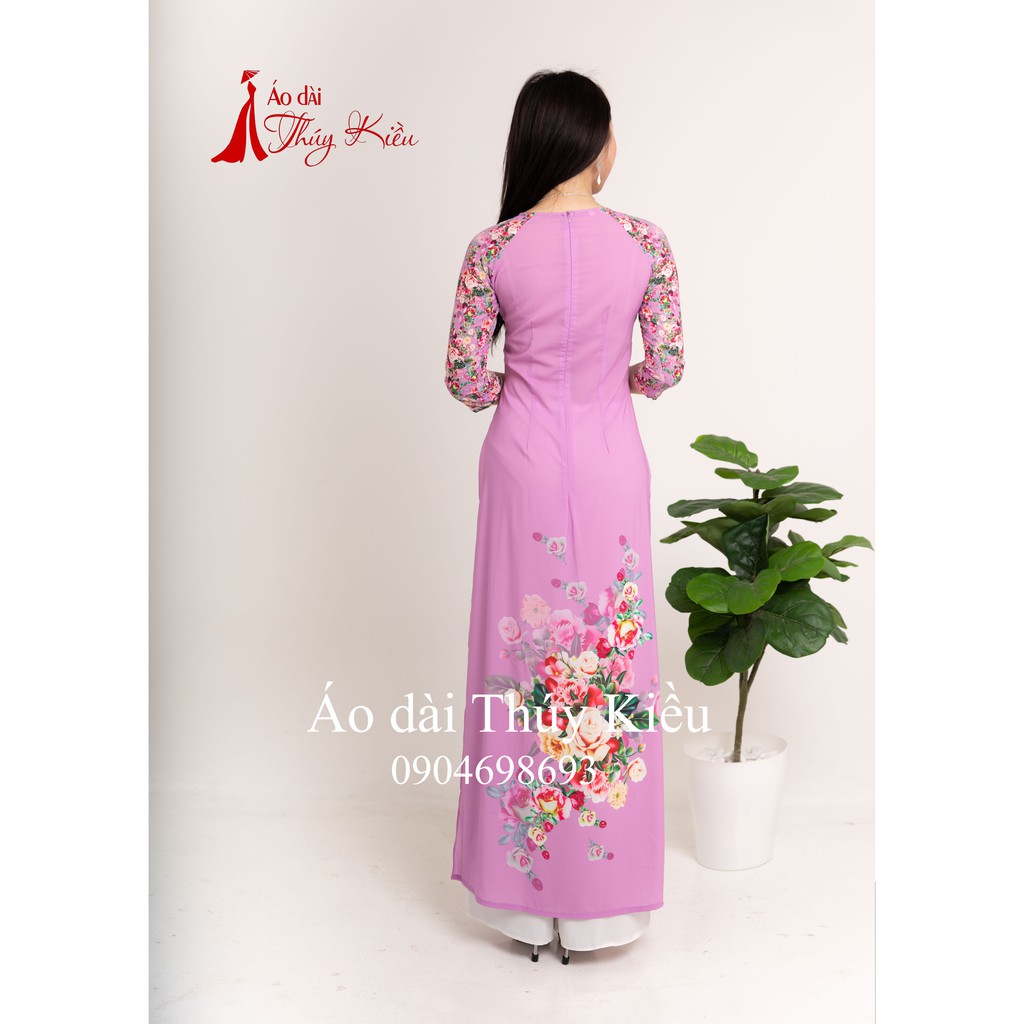Áo dài Thúy Kiều in 3D lụa Nhật màu tím nhạt hoa hồng K14