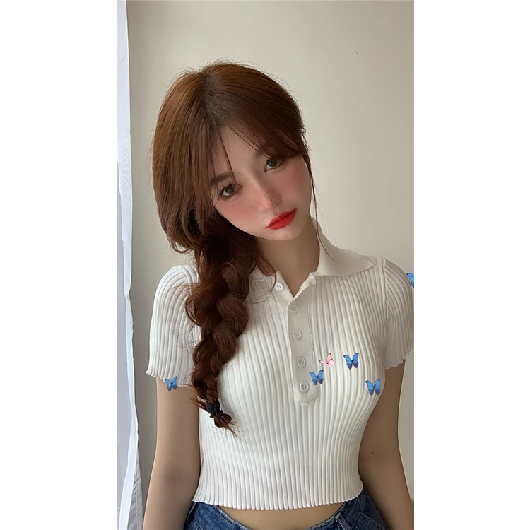 Happy-store  Áo croptop dệt kim tay ngắn cổ polo thời trang Hàn Quốc thanh lịch