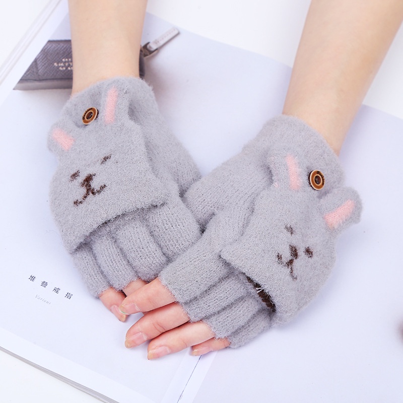 Găng tay hở ngón hình thỏ nhồi bông đáng yêu giữ ấm mùa đông cho nữ