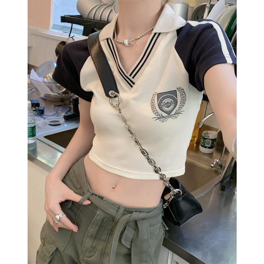 Áo polo Ngắn Tay Trễ Vai Màu Sắc vintage Thời Trang Mùa Hè Cho Nữ