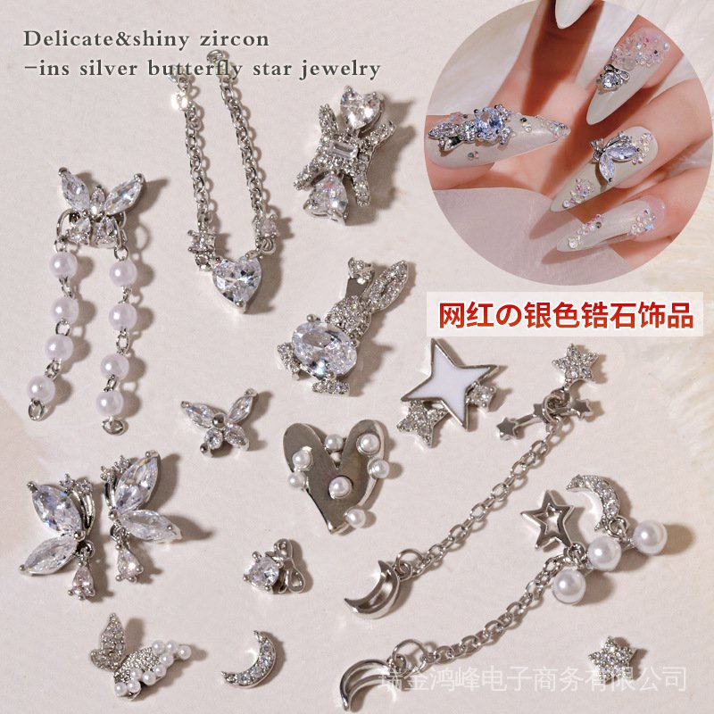 Phụ Kiện Trang Trí Móng Tay Hình Ngôi Sao/ Mặt Trăng/ Thỏ/ Bươm Bướm Đính Ngọc Trai Xinh Xắn