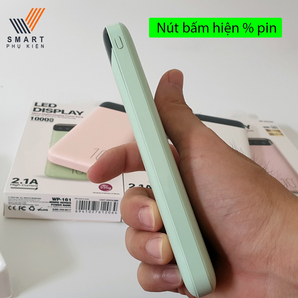 pin sạc dự phòng 10000 mAh WP-161 có 2 cổng USB, xạc dự phòng nhỏ gọn tích hợp màn hình led - mini