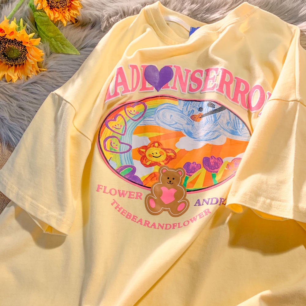 Áo thun tay ngắn in họa tiết gấu hoạt hình và chữ cái graffiti trẻ trung thời trang | BigBuy360 - bigbuy360.vn