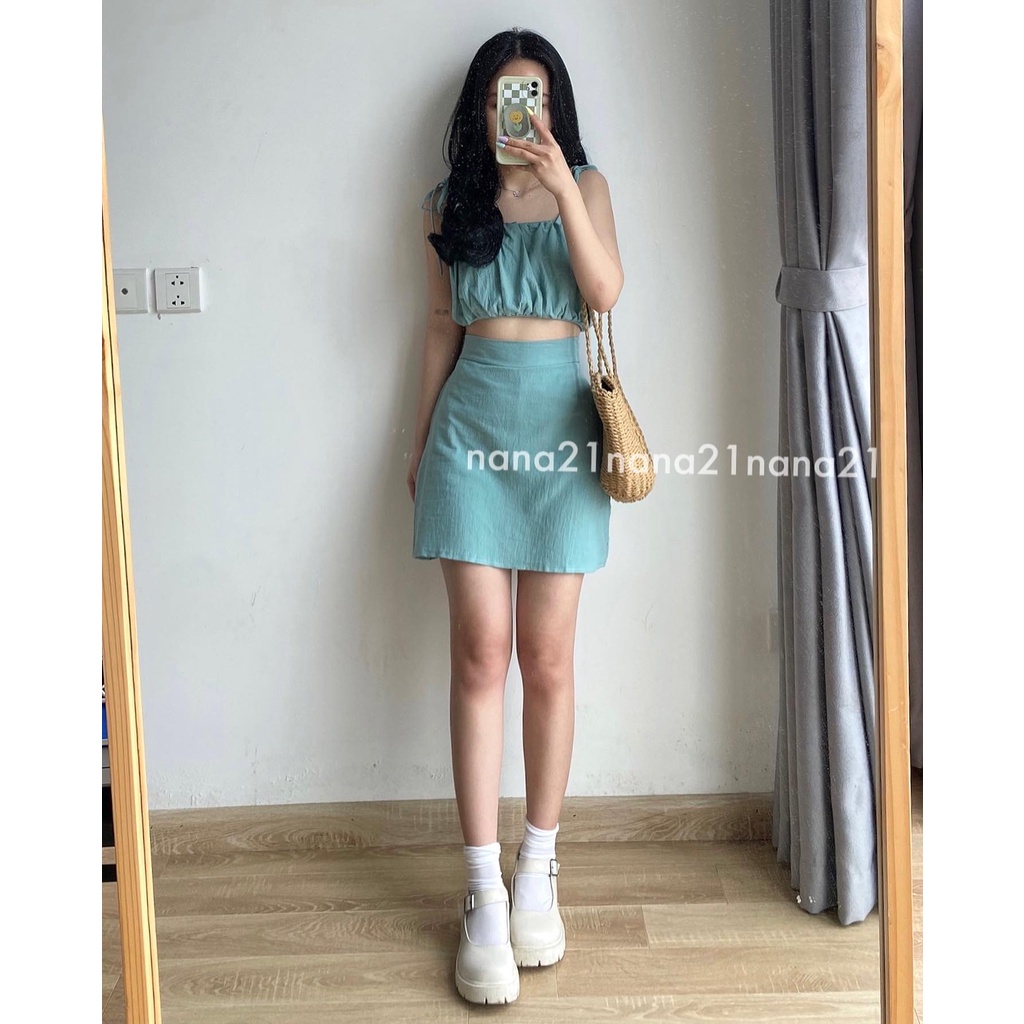 Set áo hai dây nơ và váy , Sét 2 dây thắt nơ sau kèm chân váy ngắn 3 màu  cicidream