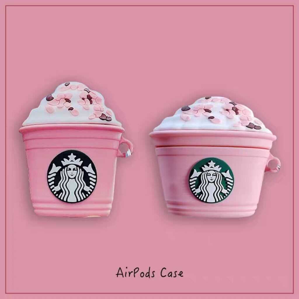 Vỏ bảo vệ hộp sạc tai nghe Airpods 1 2 hình ly kem starbucks màu hồng kèm móc treo độc đáo