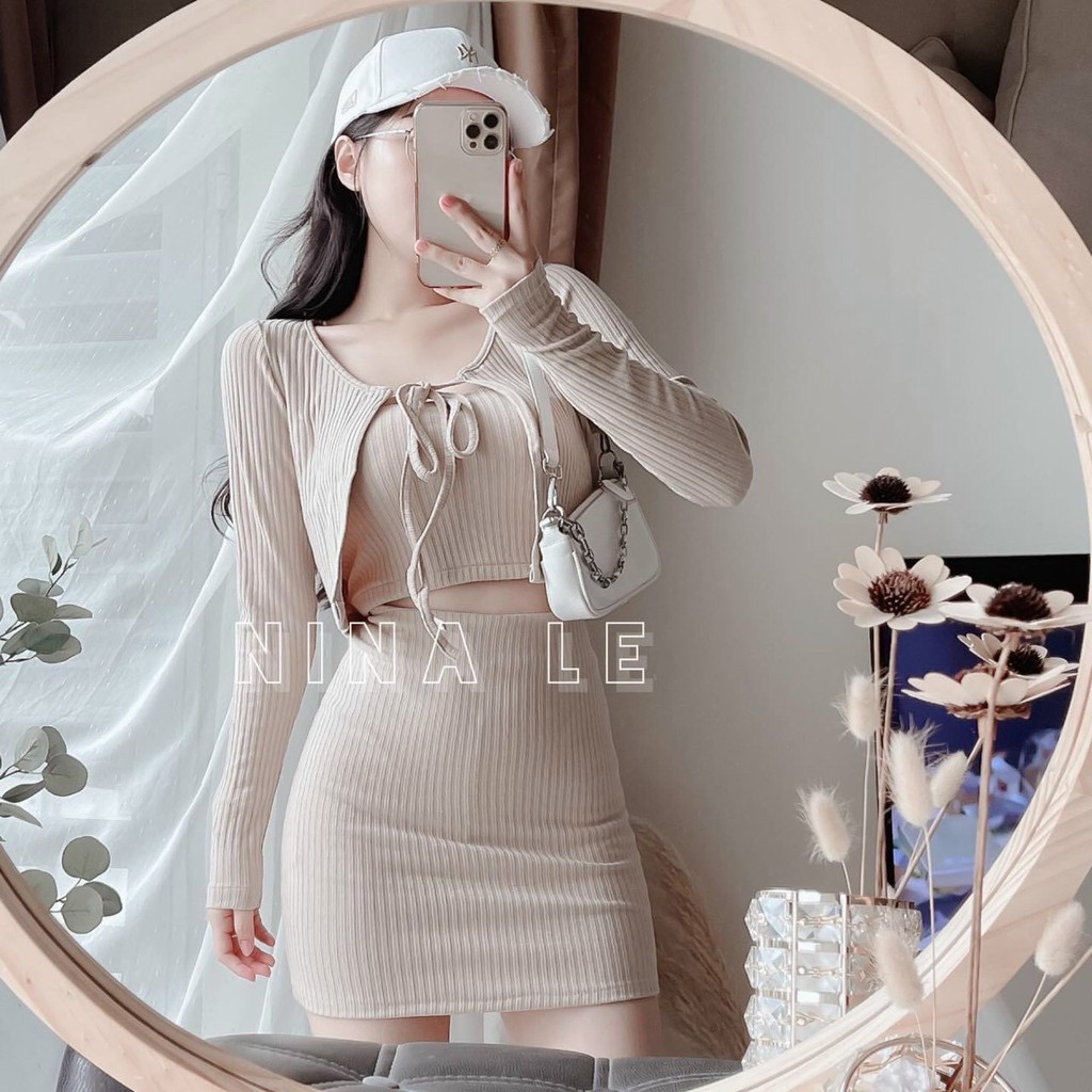 Sét bộ áo ống kèm áo kimono cột dây phối chân váy ngắn body cực xinh , chất thun gân mềm mịn