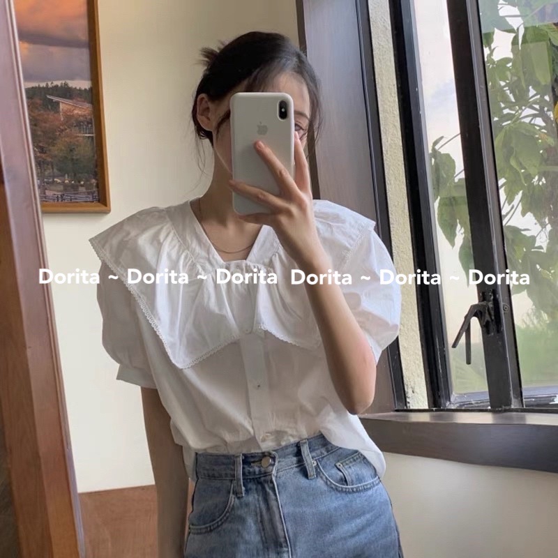 Áo sơ mi voan tơ 2 lớp cổ bèo, Áo sơ mi voan tay bồng cúc ngọc - Dorita Boutique | BigBuy360 - bigbuy360.vn