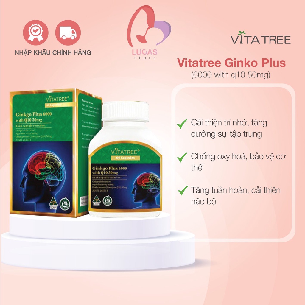 Vitatree Ginkgo Plus 6000MG With Q10 Tăng Cường Tuần Hoàn Não 40 Viên - TP031