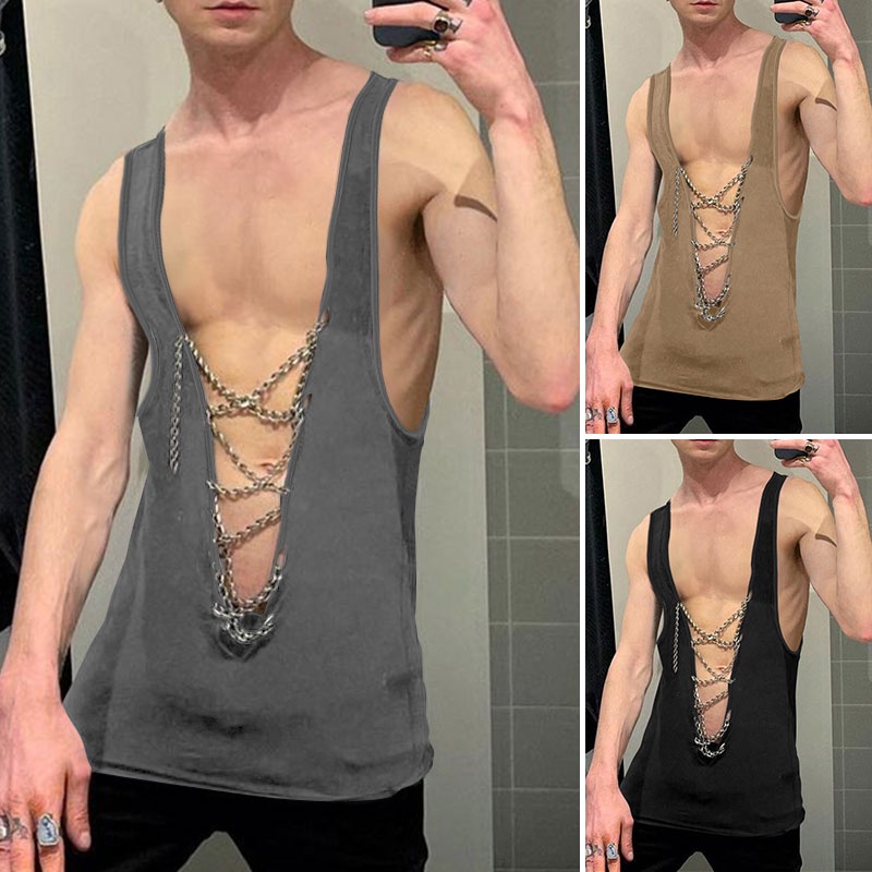 Áo thun 3 lỗ INCERUN màu trơn dáng rộng thời trang hè 3 màu lựa chọn cho nam