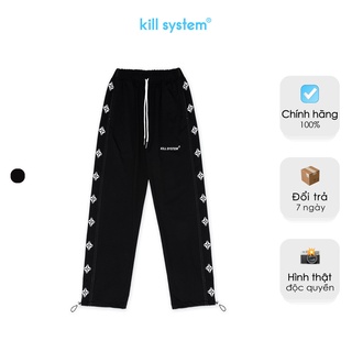 Quần thun ống rộng suông màu đen Kill System Line hông quần in logo , vải co giãn tốt, phong cách unisex