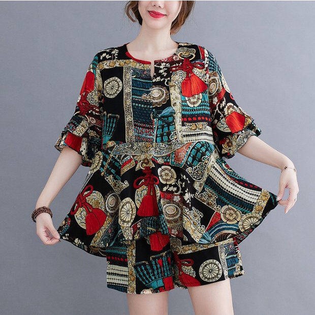 Set Đồ Mùa Hè 2022 Gồm Áo Hai Mảnh Voan Mỏng In Họa Tiết size Lớn + Quần