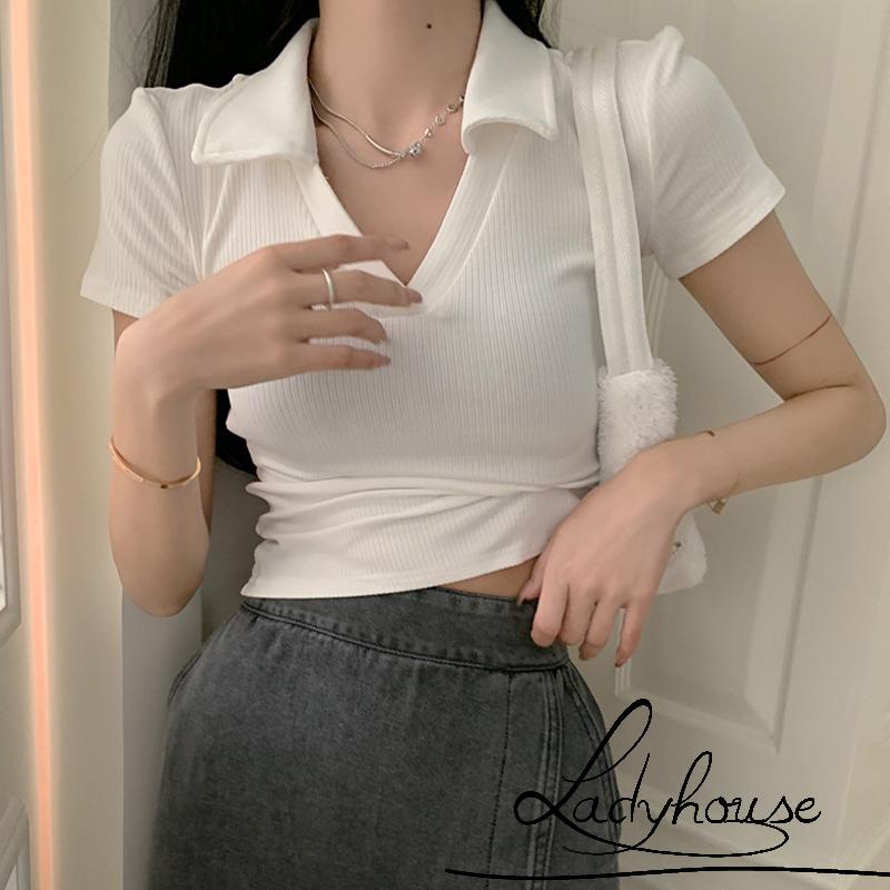 Áo Thun Crop Top Tay Ngắn Cổ Chữ V Màu Sắc Đơn Giản Dành Cho Nữ