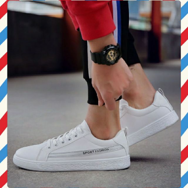 🎯FLASH SALE🃏Giày Da Nam Sneaker Thể Thao SHOES HOUSE 🧩mã G4- Trắng kẻ Xám Sport Fashion