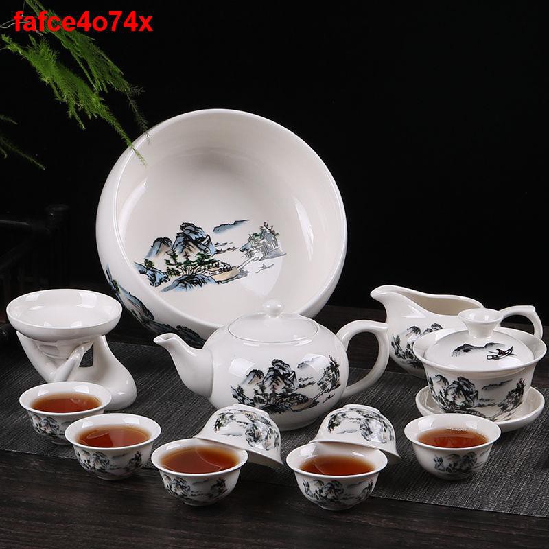 [gửi clip trà] Bộ ấm trà Kung Fu chén sứ bọc đơn giản pha xanh trắng chuyên dùng trong gia đình111