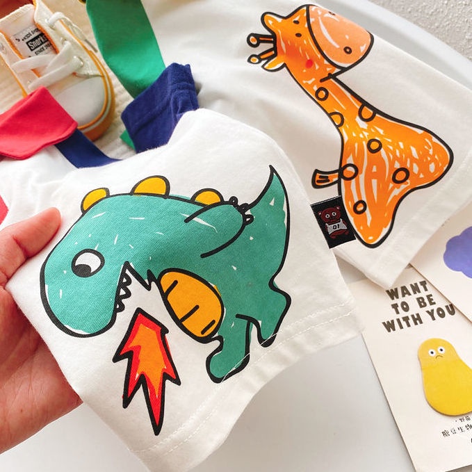 Áo polo Tay Ngắn In Hoạt Hình Khủng Long Hươu Cao Cổ Thời Trang Mùa Hè Hàn Quốc Dành Cho Bé Trai 2023