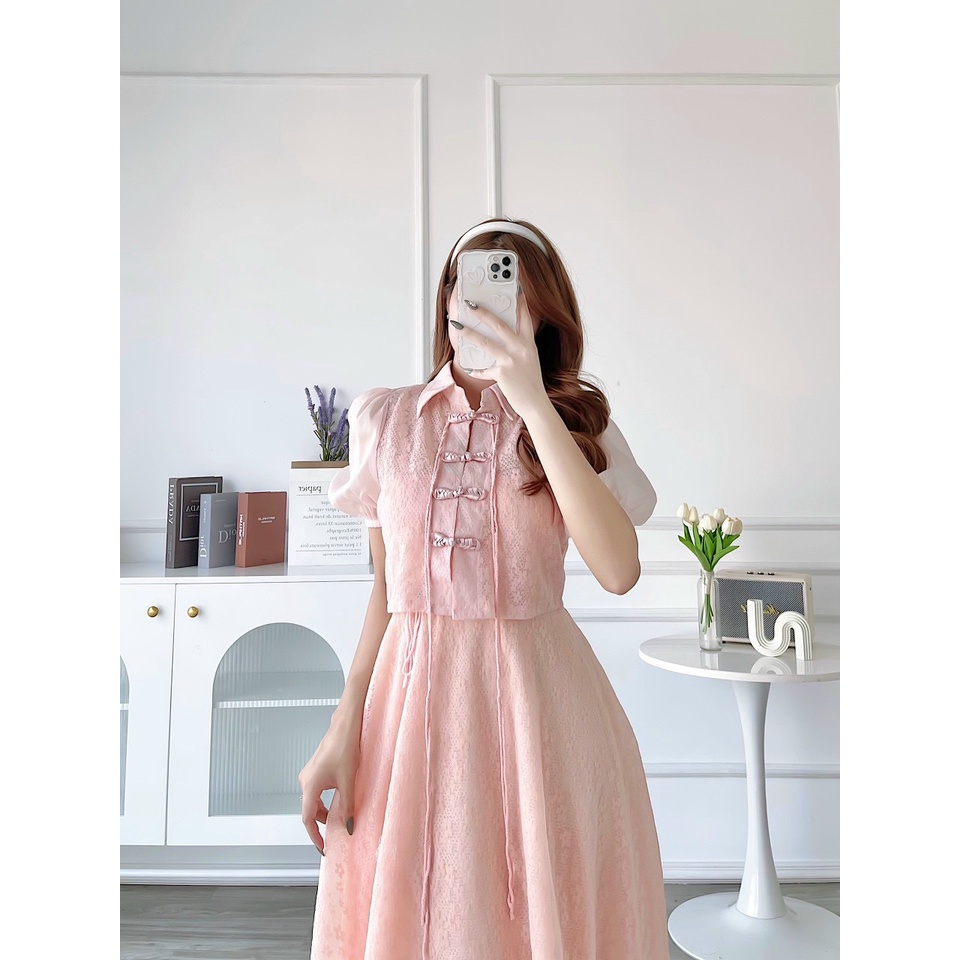 SET ĐẦM HOA NỔI MIDI 2 DÂY REN HOA + ÁO REN NÚT TÀU