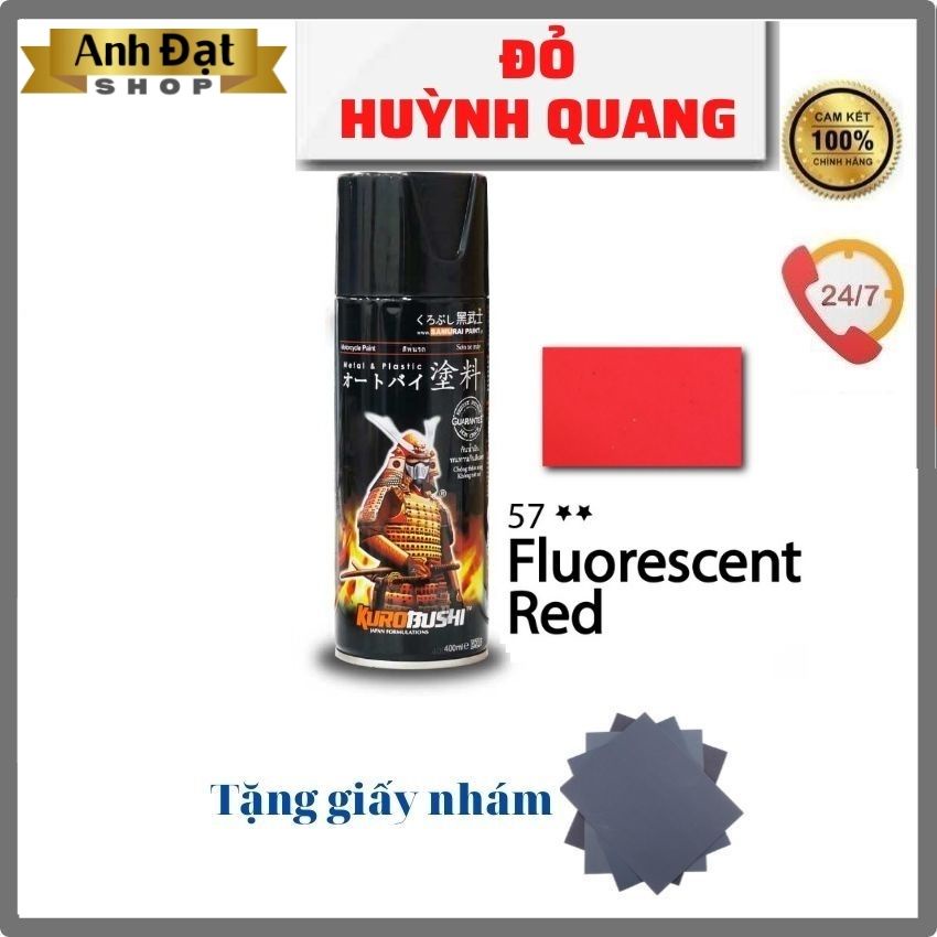 Sơn xịt samurai màu đỏ huỳnh quang 57**, dung tích 400ml, có khả năng kháng xăng (A92, A95), chống rạn nứt, bình xịt