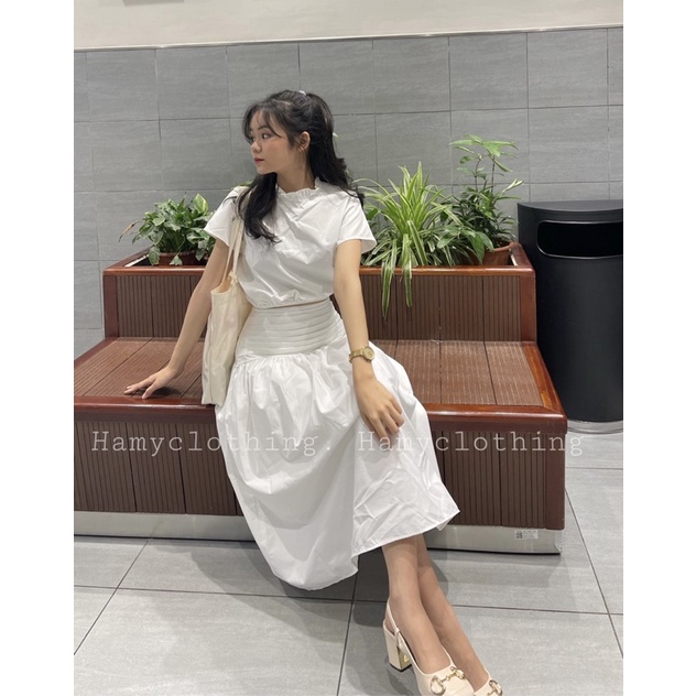 Set áo crt chân váy thô dài trắng Hamy