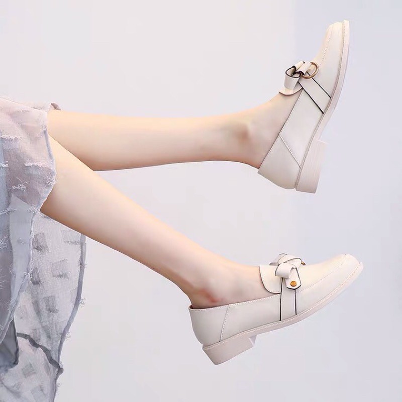 Giày Loafer Nữ Búp Bê, Giày Lười Mũi Tròn Dẻo Da Mềm Trang Trí Nơ Xinh Xắn