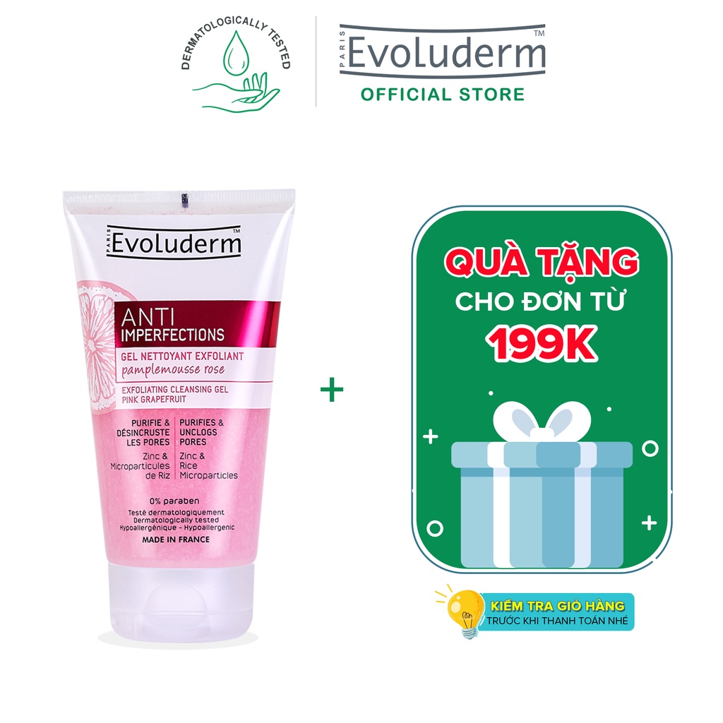 Gel tẩy tế bào chết và rửa mặt Evoluderm giúp che khuyết điểm, ngừa mụn đầu đen dành cho da dầu mụn 150ml