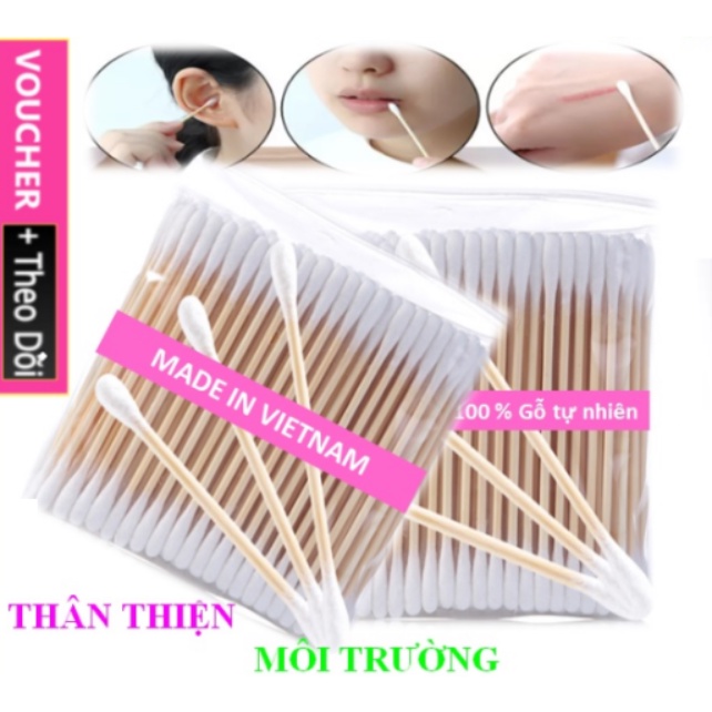 Tăm bông thân gỗ bịch 100 que, tăm bông ráy tai thân thiện với môi trường