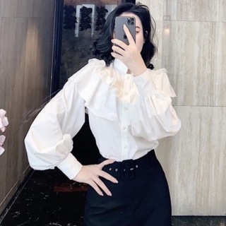 Áo sơ mi nữ tay phồng bèo tầng cổ trụ, sơ mi công sở lịch sự