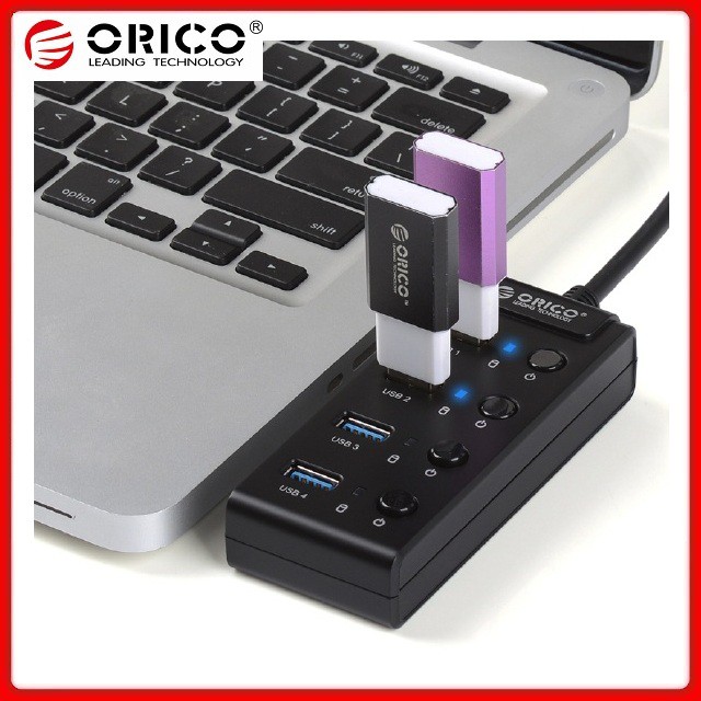 Bộ chia USB 3.0 ORICO W9PH4-U3-BK Hub 4 Cổng Có Công Tắc Riêng Màu Đen - Hàng Chính Hãng BH 12 Tháng Viscom