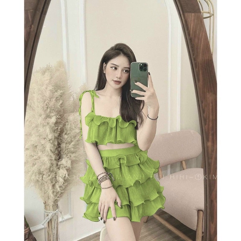 Set voan dập ly bèo tầng chifon 2 lớp