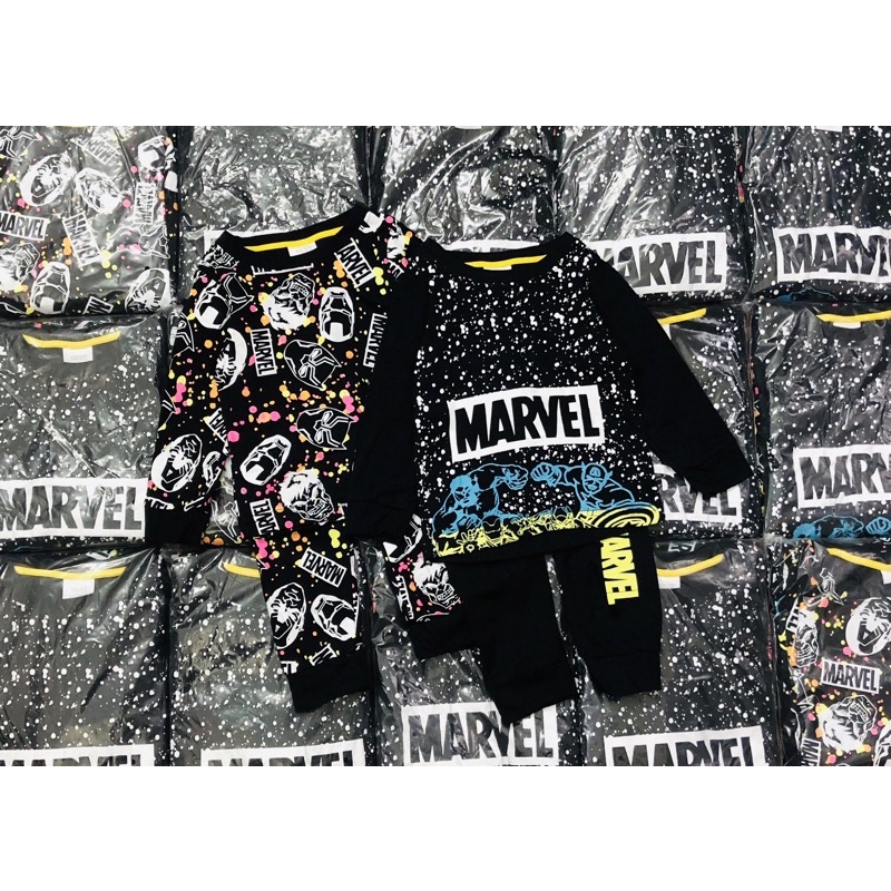 Set 2 bộ cotton dài tay cho bé trai hoạ tiết marvel đen