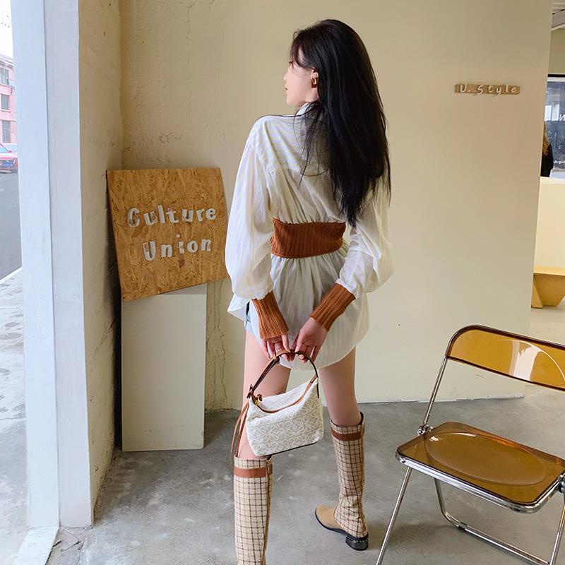 COZOKC COZOK Áo sơ mi tay dài cổ vuông eo cao thời trang mùa thu cho nữ