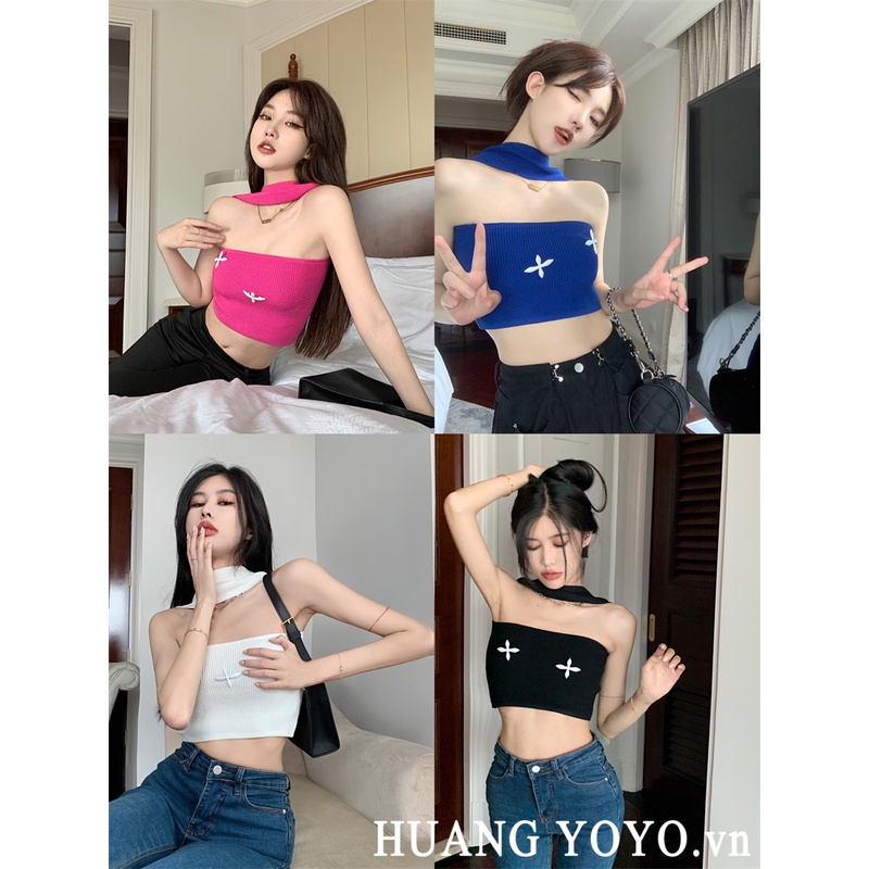 HUANG YOYO Áo Ống Cổ Yếm Dáng Ngắn Phong Cách Hàn Quốc Thời Trang Cho Nữ