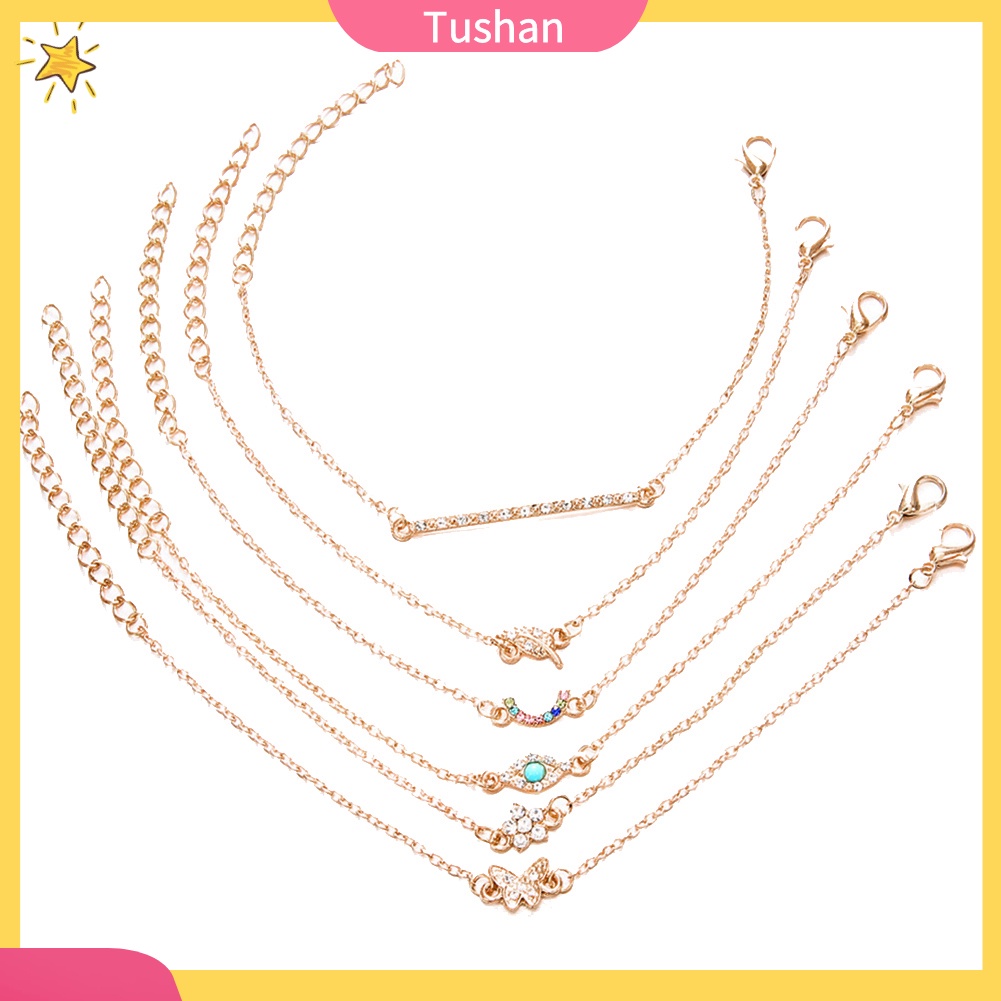TUSH_6Pcs/Set Butterfly Leaf Evil Eye Charm Rhinestone Inlaid Women Bangle Bracelet