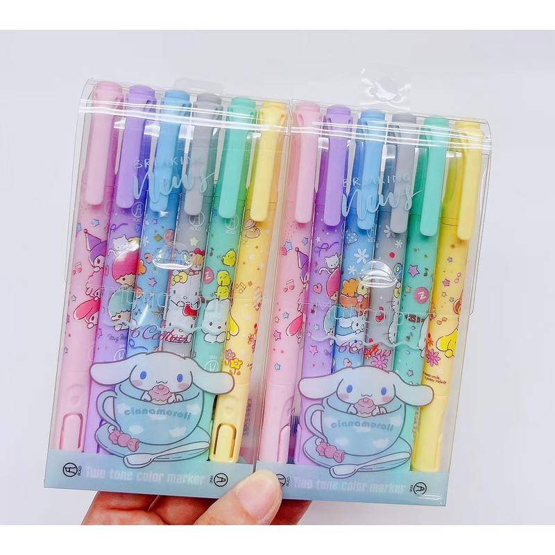 Set 6 Bút Dạ Quang Sanrio Mymelody Kuromi Cinnamoroll Pompom Hai Đầu Dễ Thương