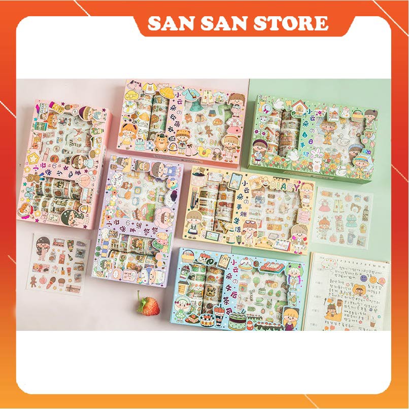 Set Hộp Washi Tape Cô Bé Đáng Yêu Băng Keo Hình Dán Cute Sticker Anime Trang Trí Sổ Combo 10 Cuộn 10 Stickers Cute