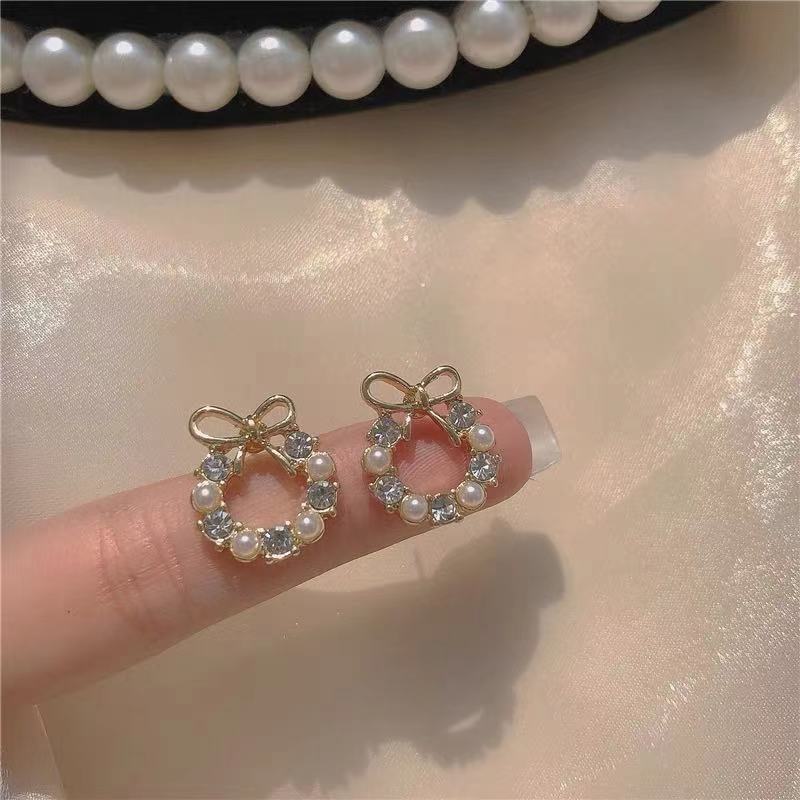 S925 silver metal small pearl bow earrings