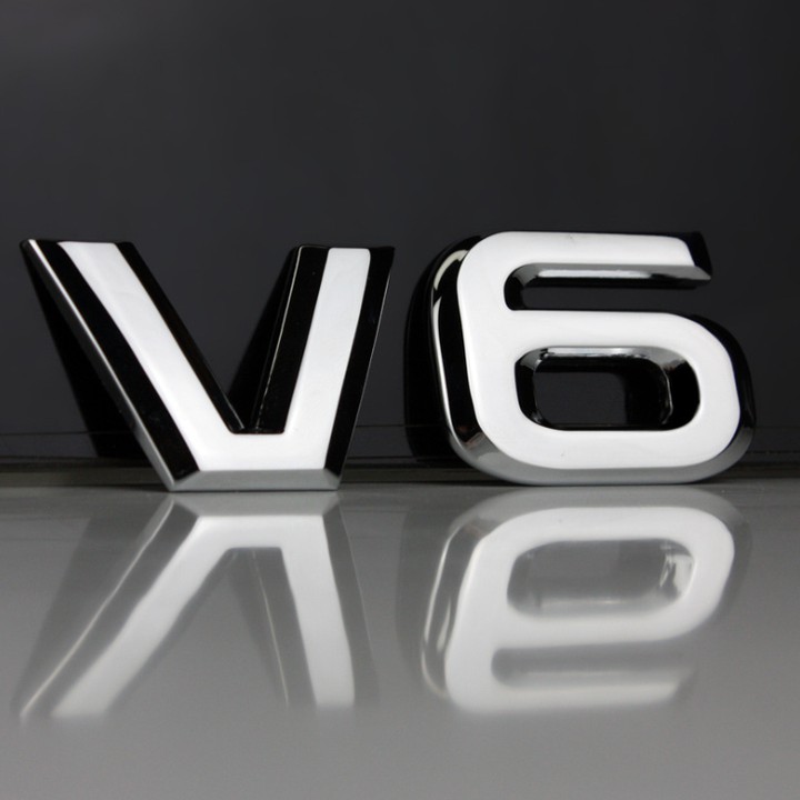 Decal tem chữ V6 inox dán ô tô (Chữ thẳng và chữ nghiêng)