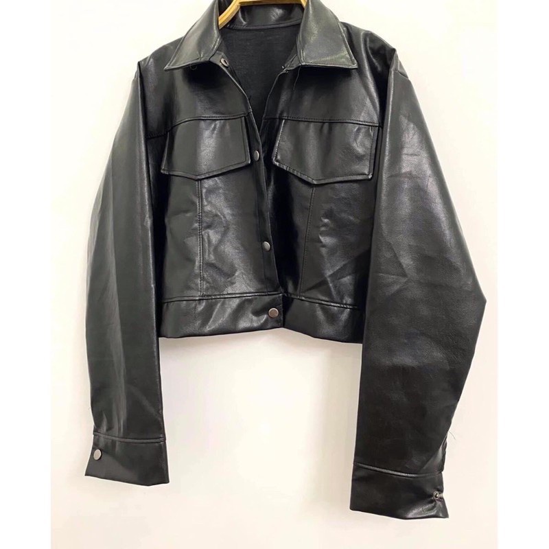 Áo Khoác Da Dáng Croptop Bomber Dài Tay Màu Đen - Áo Jacket Da Nữ Dáng Ngắn Cúc Bấm Cổ Bẻ Basic