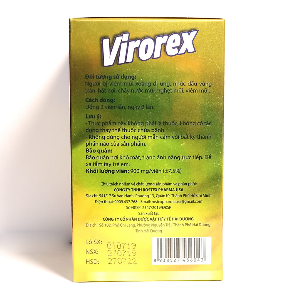 Viên uống VIROREX giảm viêm xoang, viêm mũi dị ứng 60 viên