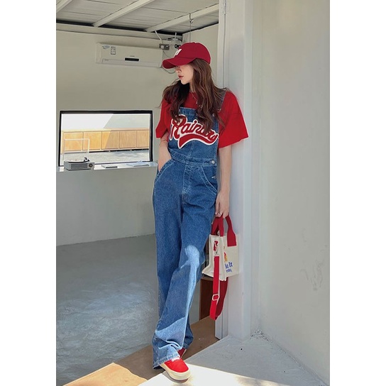 Quần yếm jeans ống suông rộng phủ giày xanh đậm thêu Rainbow siêu phẩm cao cấp