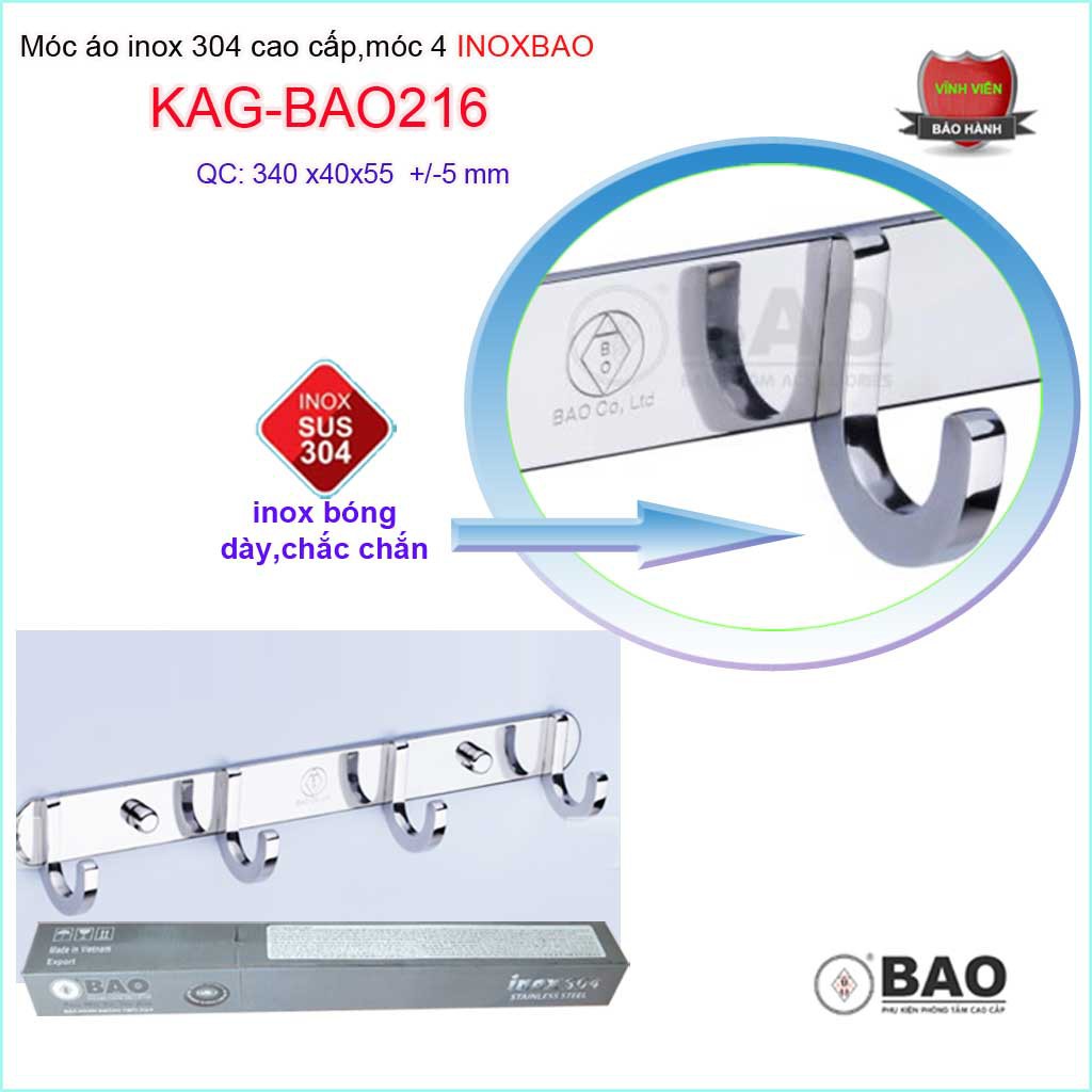 Móc 4 Inox Bảo KAG-BAO216, móc áo phòng tắm SUS304 hộp đúc vuông sang trọng thiết kế tin tế đến từng chi tiết