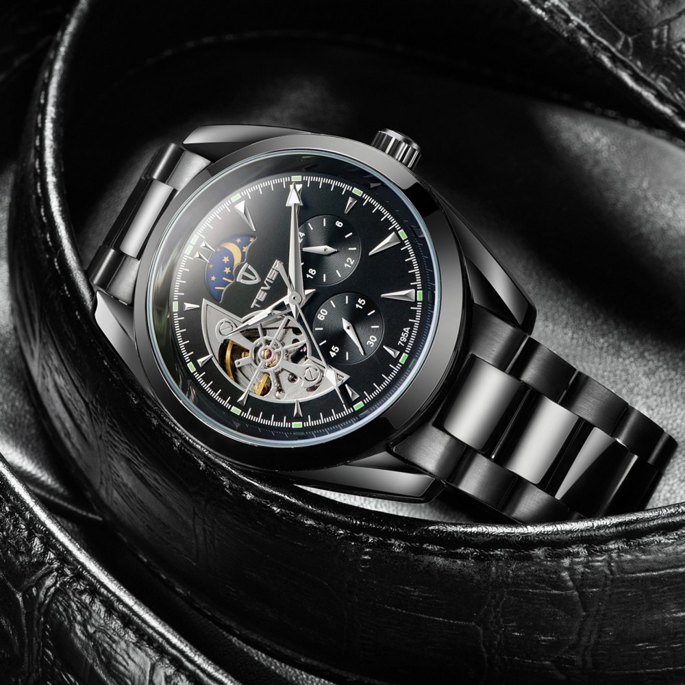 Đồng hồ cơ nam Tevise 795A chạy full kim dây kim loại (Full Đen)