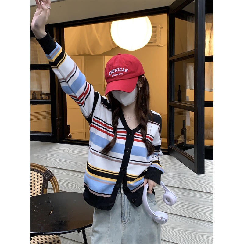 Áo khoác cardigan ZHELIHANGFEI dệt kim tay dài cổ chữ V lưng cao họa tiết kẻ sọc cầu vồng thời trang