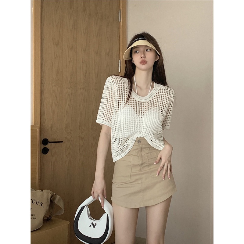 DUNEA Áo Thun Dệt Kim Ngắn Tay Dáng Rộng Kiểu Retro Hàn Quốc 4 Màu Lựa Chọn