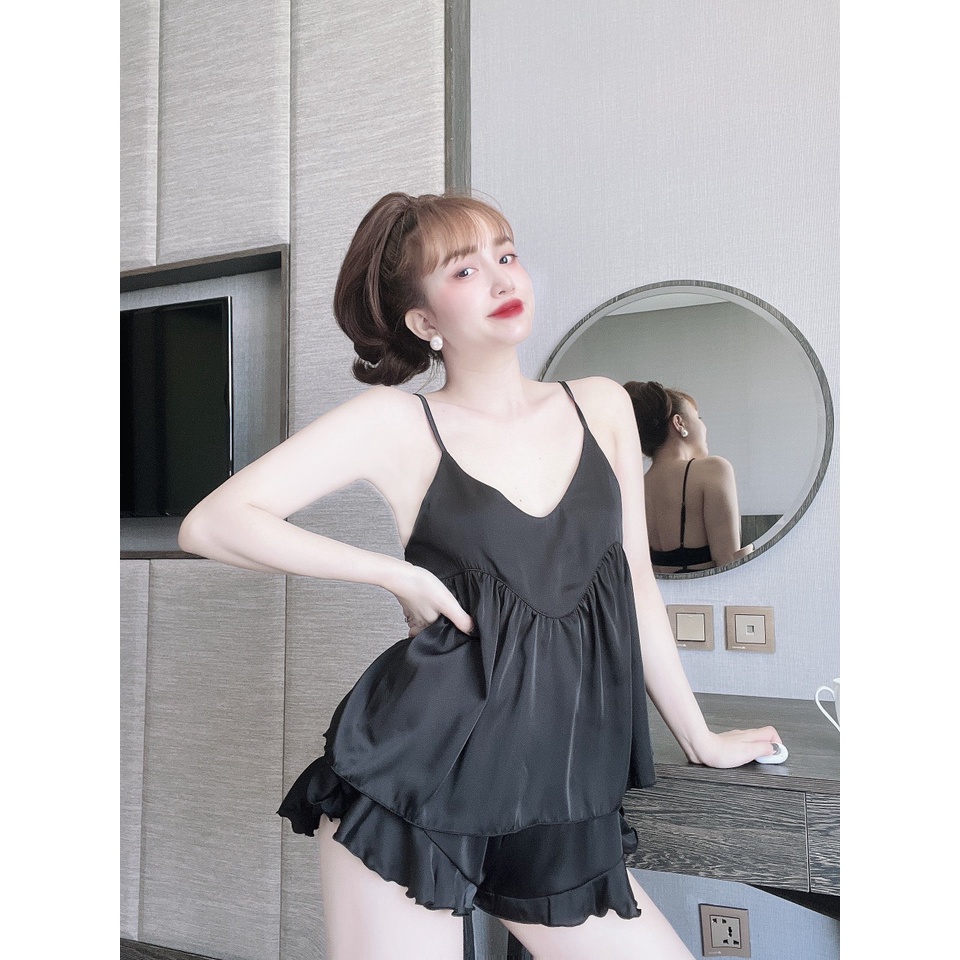 🌈🌈Sét đồ bộ 2 dây lụa satin  🌈🌈phối quần họa tiết dễ thương đồ ngủ lụa mặc nhà freesize