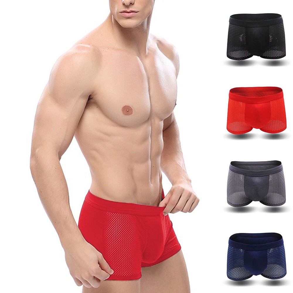 Quần Lót Boxer Vải Lụa Lạnh Phối Lưới Thoáng Khí Plus Size Tùy Chỉnh Thời Trang Cho Nam