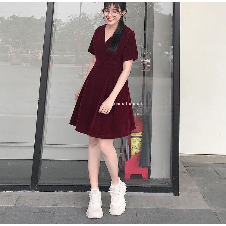 Váy Nữ Xinh Chất Nhung Mịn SININ JEM CLOSET Phía Sau Thắt Nơ Tùy Chỉnh Eo 3304