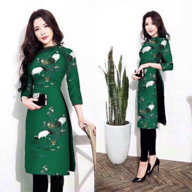 Áo  dài hoạ tiết chim cò nhiều màu kèm hình thật